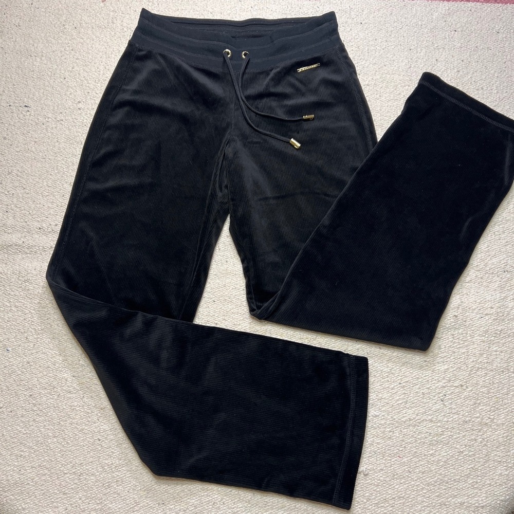 Halston Black Ribbed Velour Lounge Pants Drawstring Straight Leg XS